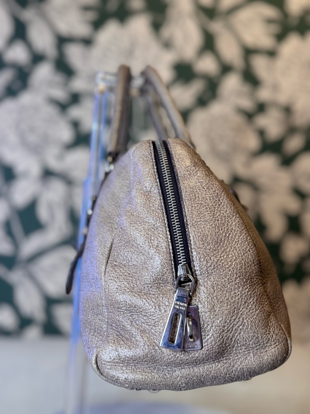 Prada Authentic Metallic Taupe Leather Satchel EUC with Auth Cards & COA - Picture 9 of 15